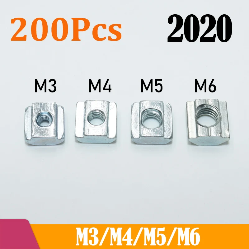 200p/lot Nakrętka przesuwna T Nakrętki kwadratowe M3 M4 M5 M6 do profilu aluminiowego 2020 Nakrętka przesuwna w aluminiowym złączu drukarki 3D
