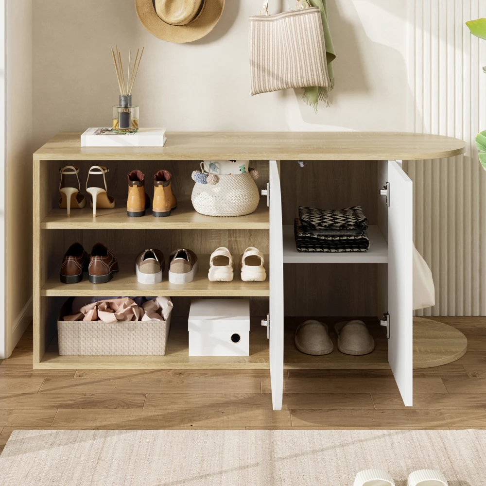 Meuble à chaussures/banc à chaussures d'inspiration française, finition ultra-brillante, avec 1 porte semi-circulaire et 1 porte rectangulaire, 1 crochet latéral, blanc + aspect bois naturel, pour entrée ou couloir. 104 × 37 × 50 cm