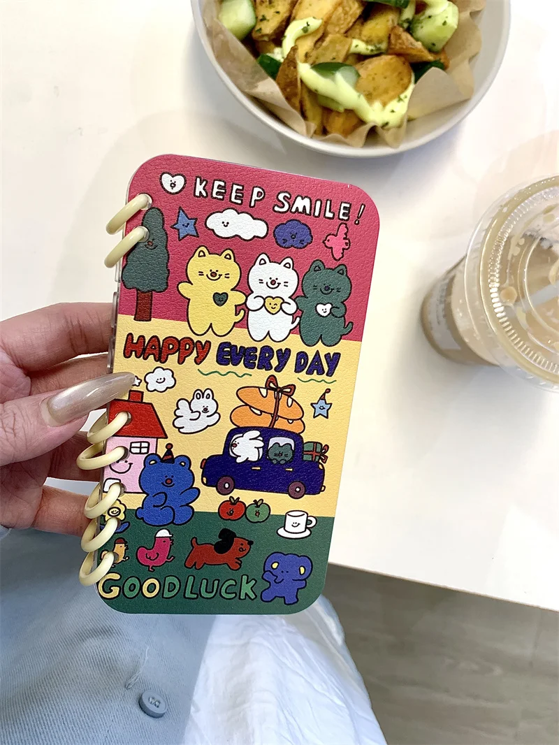 Criativo 3d clamshell bloco de notas quente bonito urso caso telefone para iphone 16 15 14 13 pro max dos desenhos animados gatinho capa à prova de choque funda