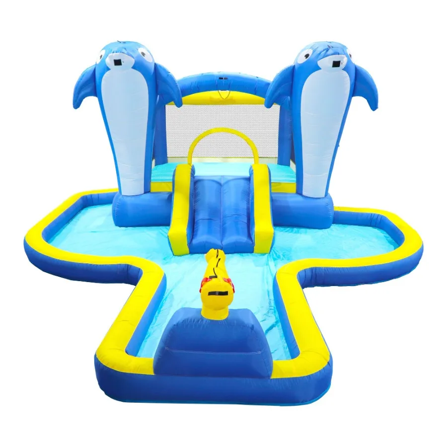 Trampoline gonflable 6 en 1 pour parc aquatique, maison rebondissante, jardin extérieur avec arroseur de dauphin, jeux de cible, panier de pistolet à eau