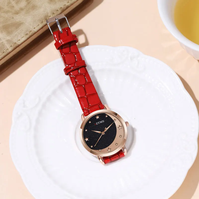 ساعة نسائية بحزام جلدي ، سماء القمر المرصعة بالنجم ، ساعة كوارتز ترفيهية لطيفة ، طراز الكلية ، الموضة العصرية #2
