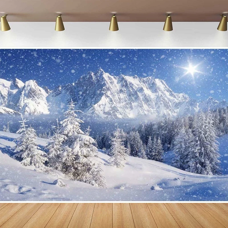 Photography Backdrop Winter Snow Mountain Landscape Christmas Theme Background Dreamy Flying Snow Scenery Dazzling Sunshine