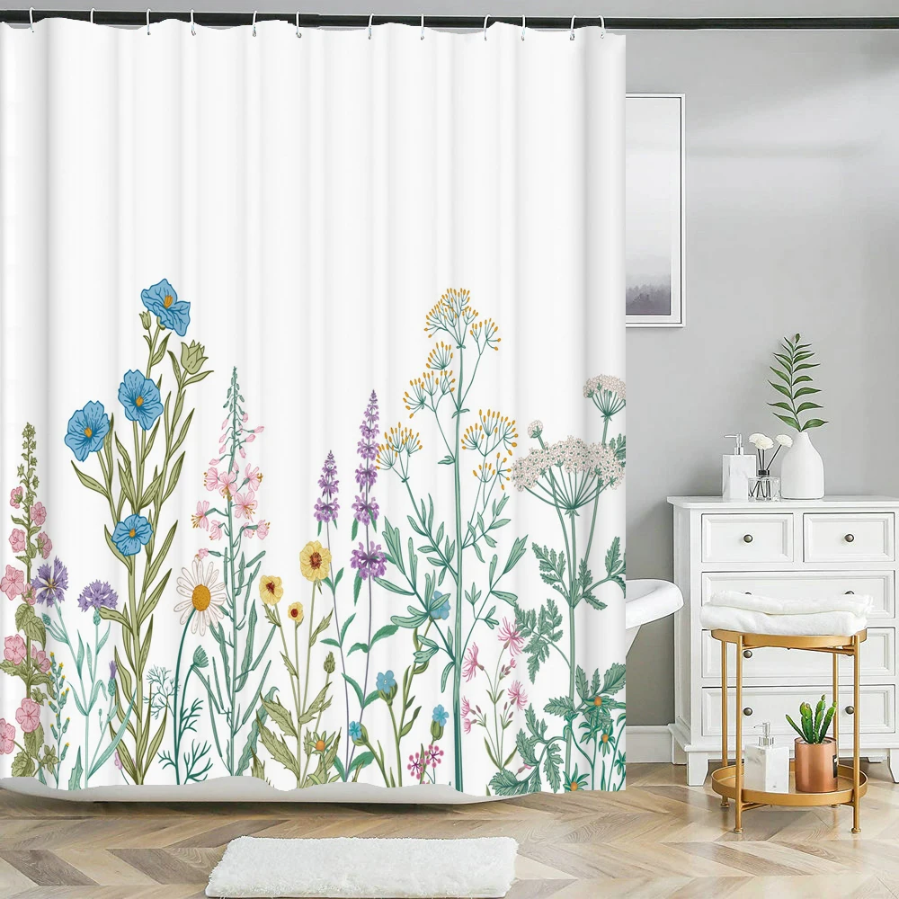 Green Leaves Flowers Shower Curtains Watercolor Boho Floral Waterproof Morden Bathroom Bathtub Curtain Room Decor With Hooks