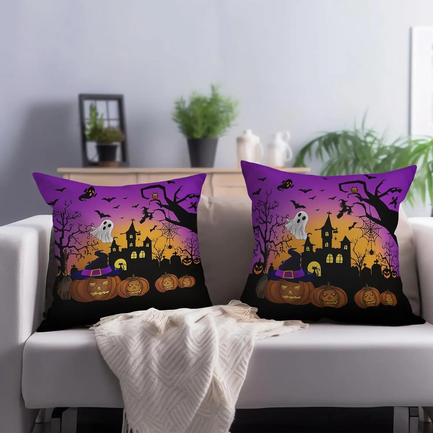 Halloween Pumpkins Pillow Covers Spooky Castle Throw Pillowcase Terror Night Bats Pillow Cover 18x18 Set of 2 Holiday Decorations Cushion Cases for Home Bedroom Sofa