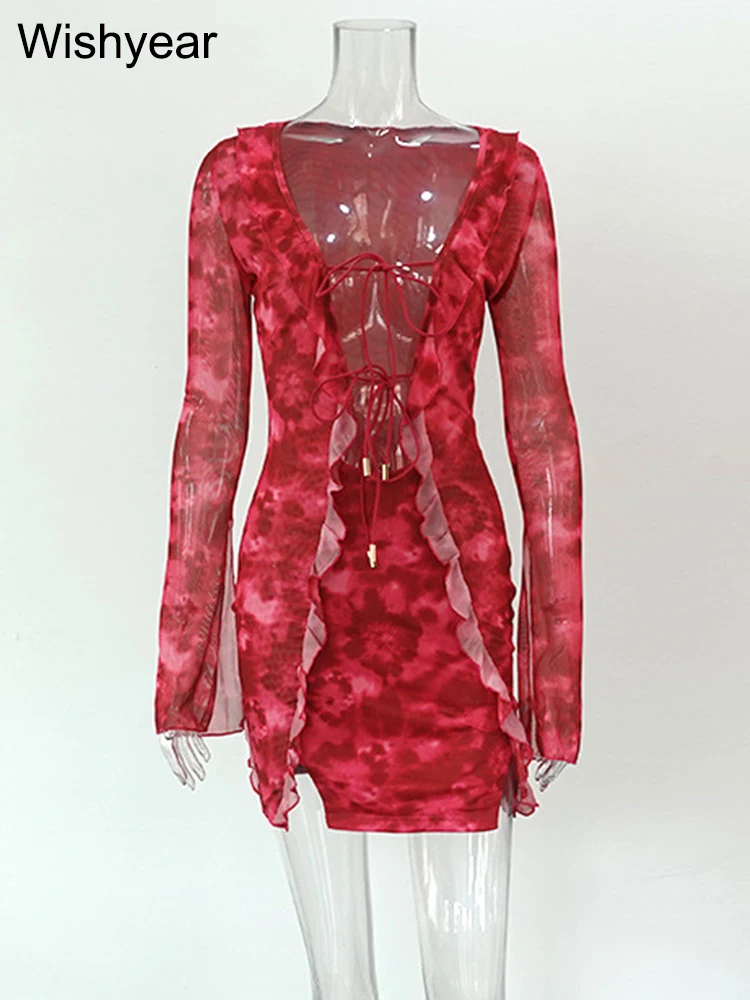 Wishyear Sexy Vacation Beach V-Neck Ruffle Print Mini Dress Women Lace Up Long Sleeve Night Club Hot Girls Birthday Bodycon Robe