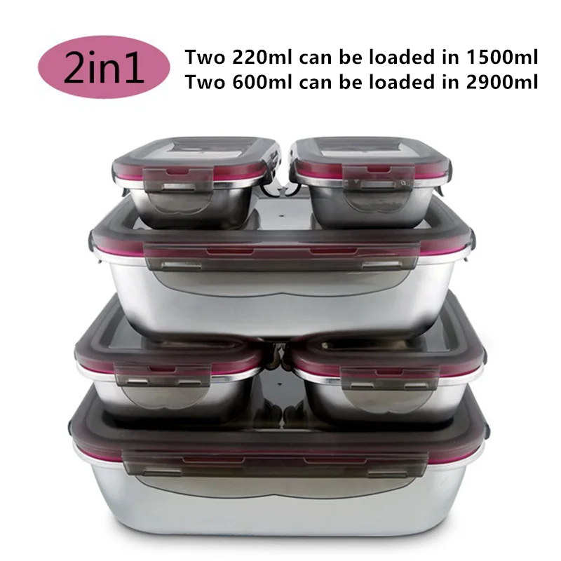 4Pcs/Set 304 Stainless Steel Lunch Box Microwave Heating Bento Fruit Food Sauce Fresh-keeping Box Refrigerator Container