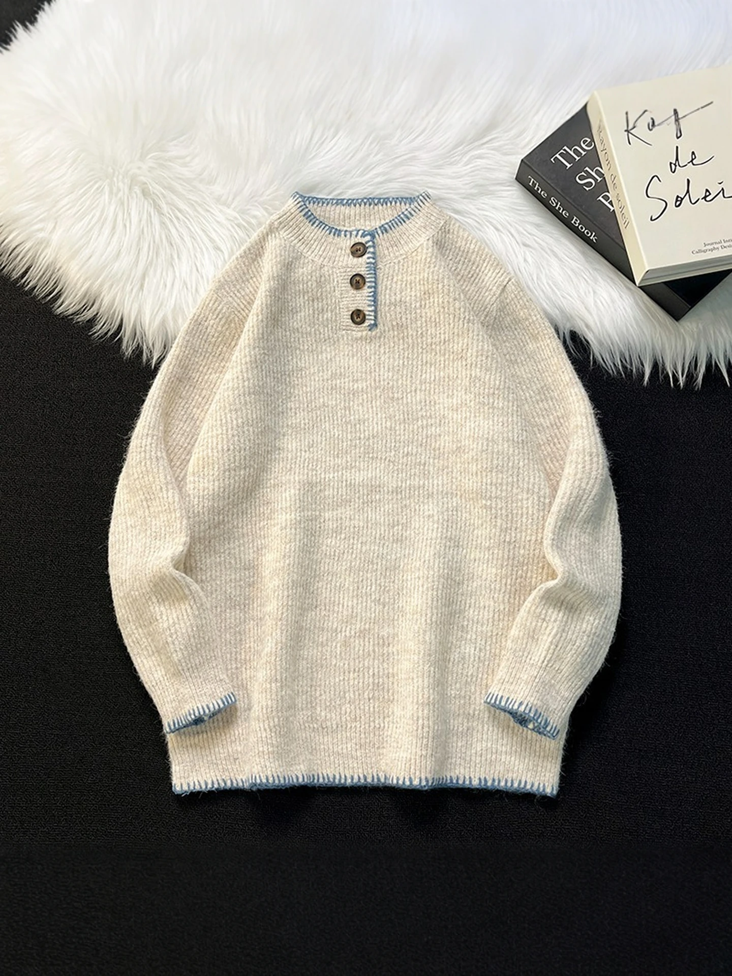 

Мужской свитер American Sle Henry Collar Lazy, весна-осень 2025, модный ретро-стиль, вязаный, свободный крой, повседневная одежда