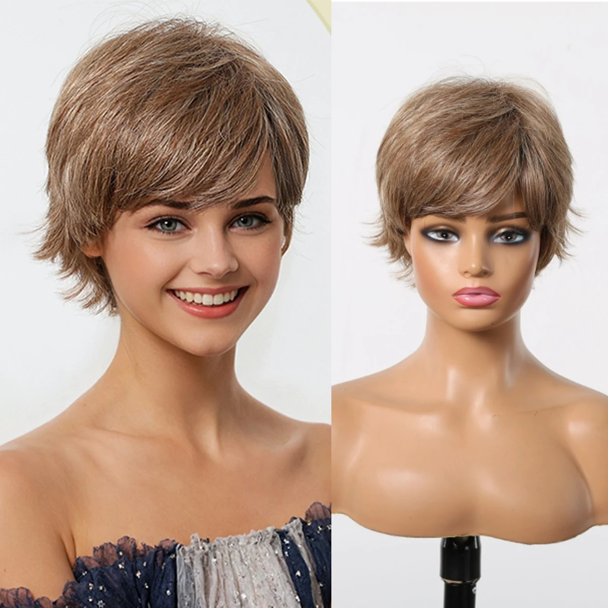 

Short Pixie Cut Wigs for Women Brown Highlights Straight Blend Hair Human Hair With Synthetic Wigs Daily Natural Hair With Bangs