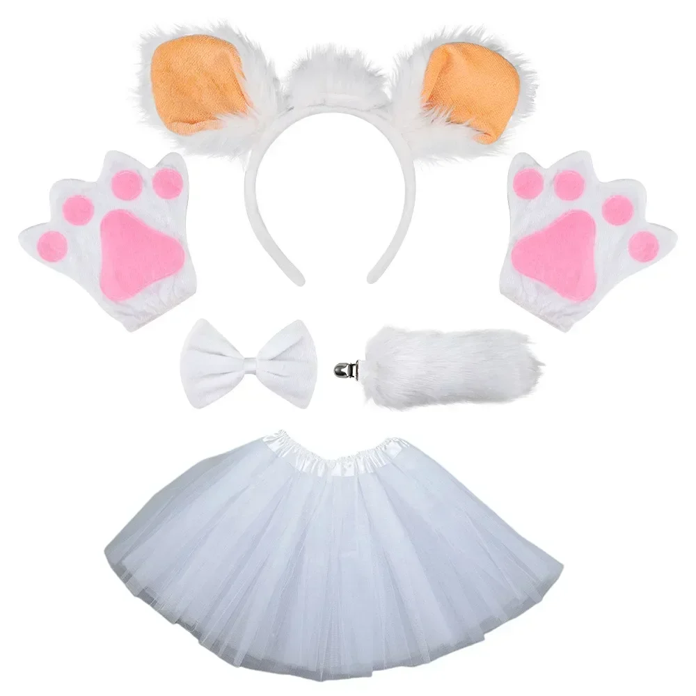 Girls Women Halloween Cute Cartoon Animal Plush Sheep Lamb Headband Ear Tail Bow Tie Skirt Tutu Costume Cosplay