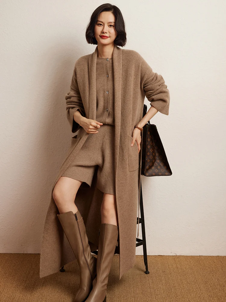 

High-end Women's Sweater 100% Cashmere Cardigan Sweater Clothes Autumn Winter Sweater Large Lapel Robe Long Outerwears Warm Knit