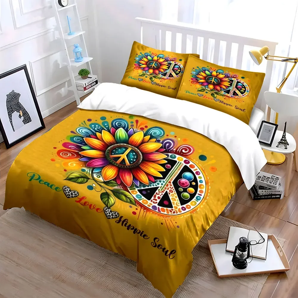 Colorful Hippie Peace Symbol Decor Soft Comfortable Duvet Cover Bedding Set Included 1*Duvet Cover & 2*Pillowcases, gift
