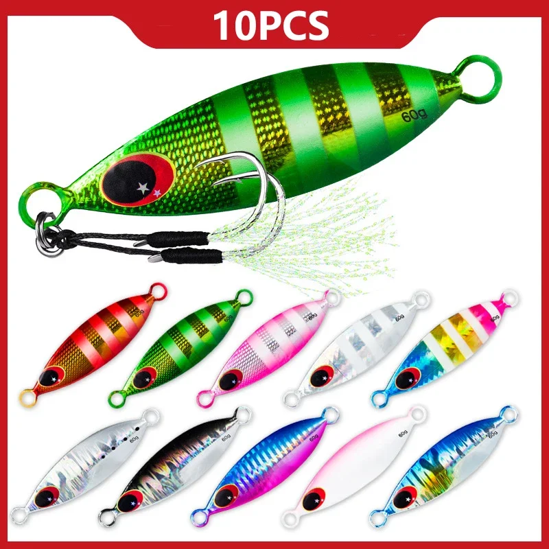 10 Pcs/Set Metal Hard Jig Lure Artificial Bait Shore Slow Jigging Super Bass Fishing Tackle 10g 20g 30g 40g 60g Supply Wholesale