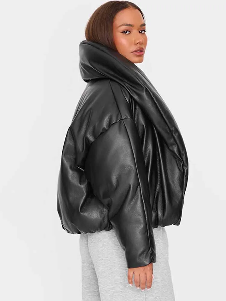 BKQU-Chaqueta de plumón de cuero liso para mujer, Parkas cortas gruesas acolchadas de algodón de manga larga con cuello levantado, abrigos de calle para Otoño e Invierno