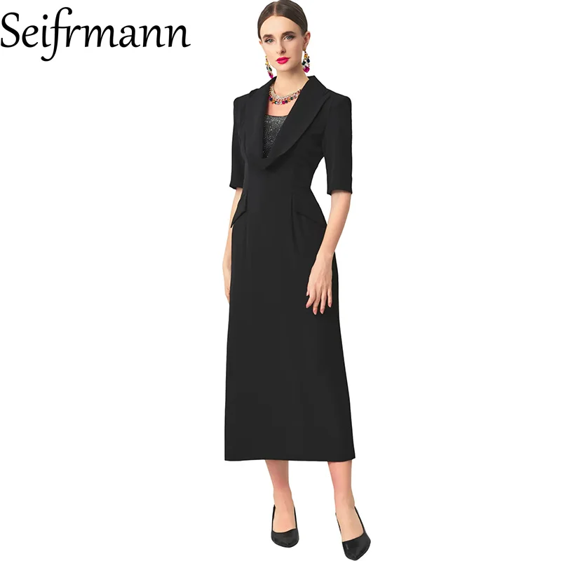 

Seifrmann 2026 Summer Women's New Fashionable lapel Short Sleeve Hot Drilled Waist cinching Bag Hip Long Dress