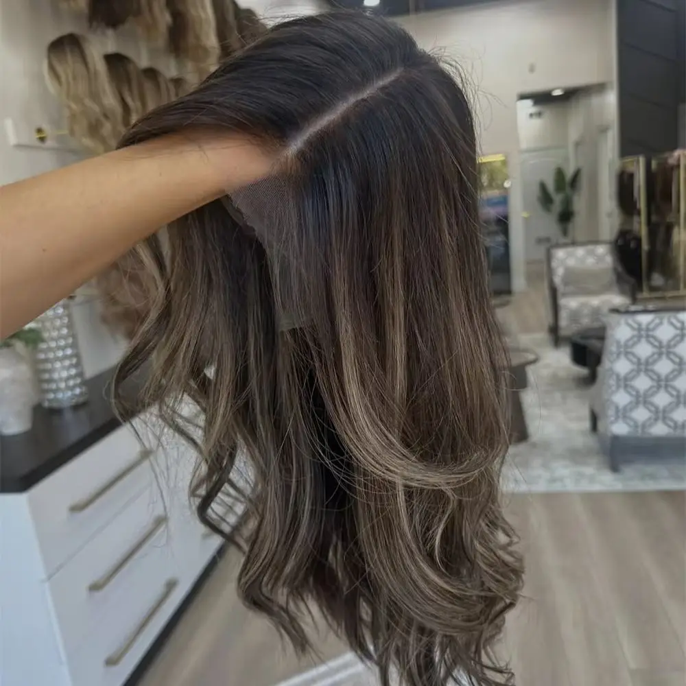 Free Part Ombre Brown with Blonde Streaks Middle Part Synthetic Lace Front Wig Preplucked Hairline Japanese Fiber Futura Hair