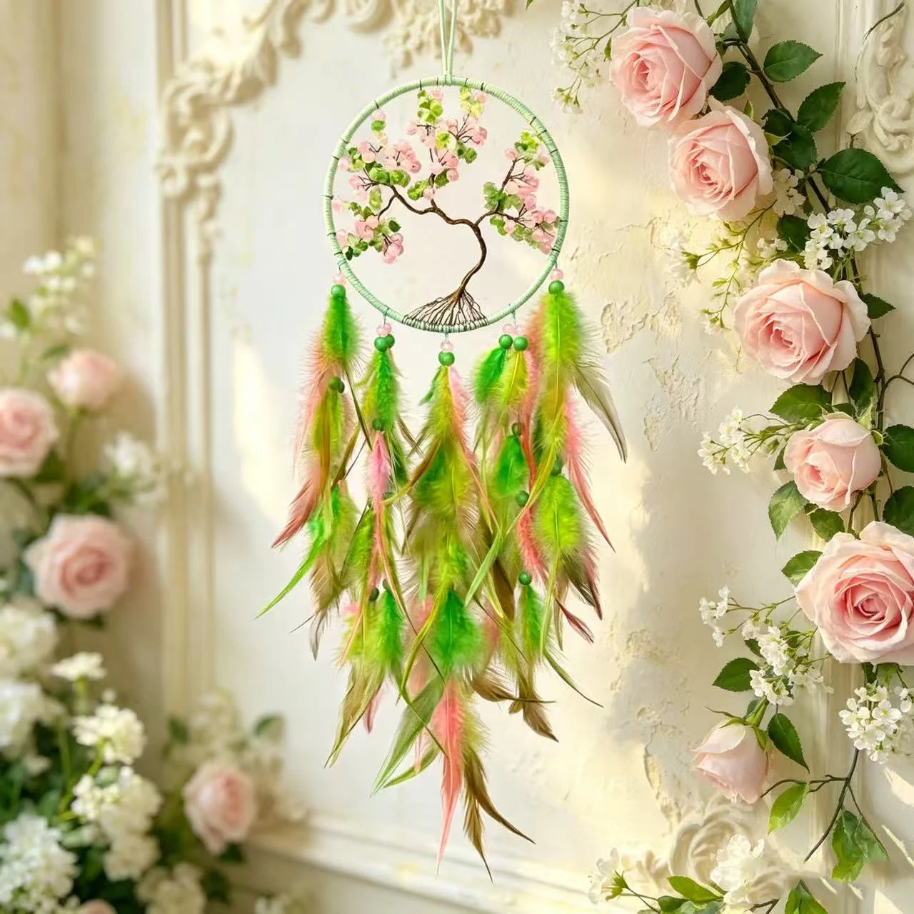 Handmade Tree Of Life Pink Green Dream Catcher Crystal Stone Wind Chime Ornaments Home Living Room Wall Hanging Gift Decor