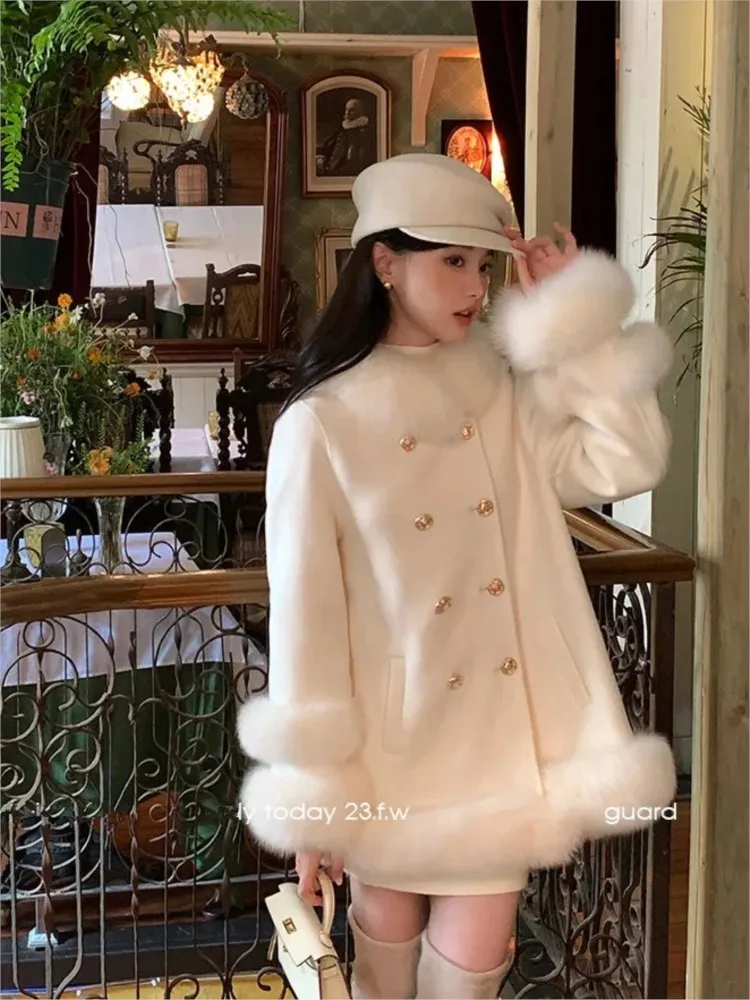 French Vintage Double Breasted Faux Fur Collar Woolen Coats Women Winter thicken Warm Mid-length Elegant Blends Korean Overcoats