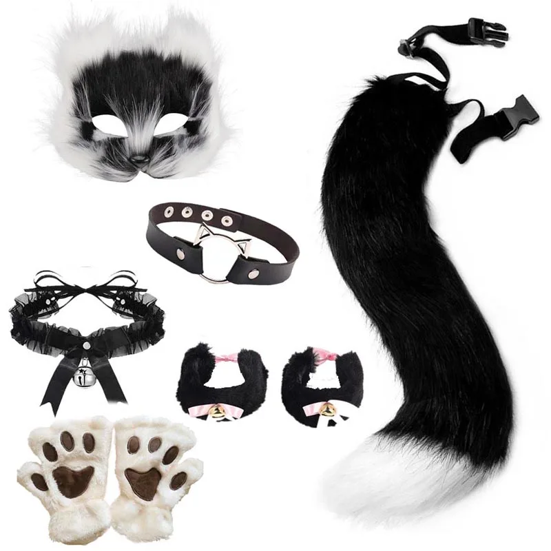 Cute Faux Fur Fox Tail Cat Wolf Cosplay Set Plush Mask Fluffy Paw Gloves for Halloween Christmas Party Plush Props Accessories