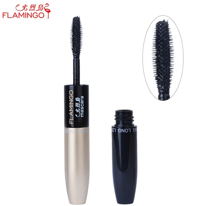 Máscara de pestañas de fibra de seda 4D 2 en 1 de doble punta Flamingo, máscara negra, volumen resistente al agua, máscara de ojos rizada de doble alargamiento