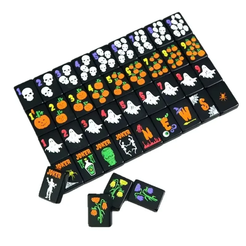 Halloween Themed American Mahjong Set Black Acrylic Cards Pumpkin Ghost Skull Spider Pattern Perfect for Holiday Parties