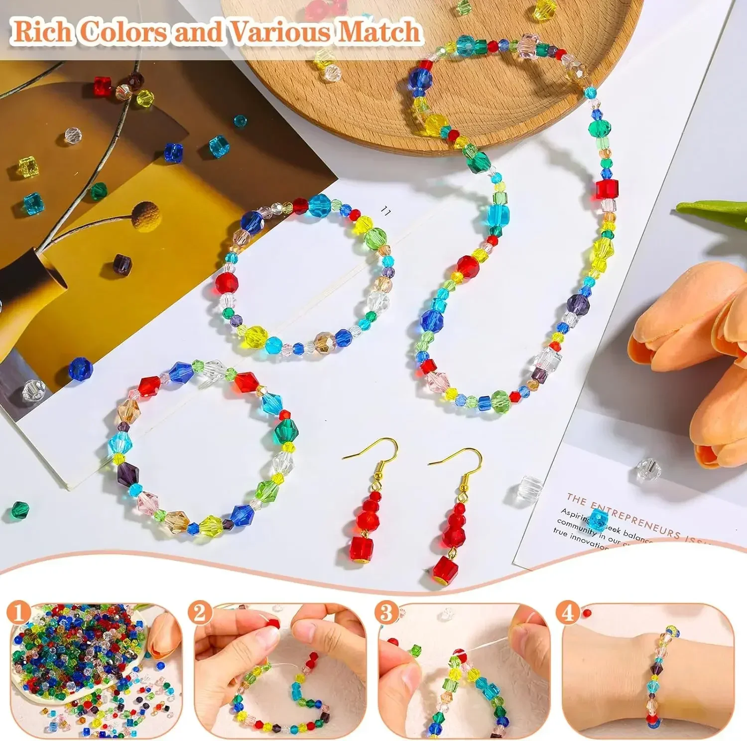 100pcs 4mm Czech Rondelle Crystal Beads AB Color Faceted Glass Beads Loose Spacer Beads for Jewelry Making DIY Bracelet Necklace