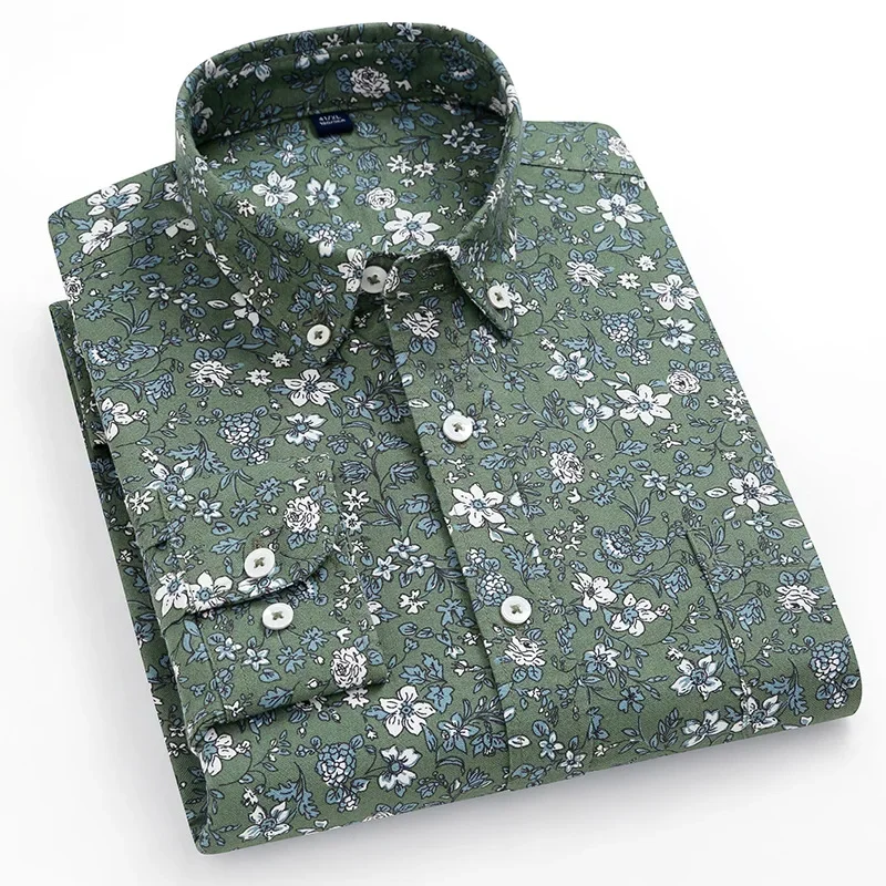 2026 Spring Cotton Oxford Spinning Long Sleeve New Printed Cardigan Shirt Lapel Casual Trend Youth Shirt Men's