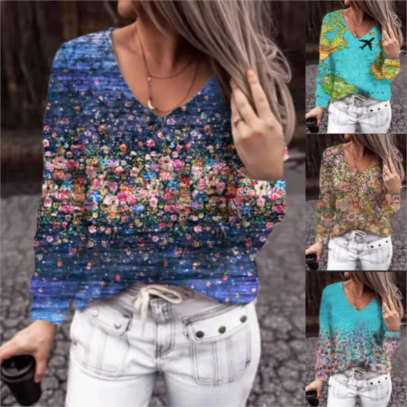 Women's Tee New Printing V-neck Long Sleeve Casual Elegant T-shirt Slim Fashion Daily Pullover Top Ladies In 2024 Spring Summer