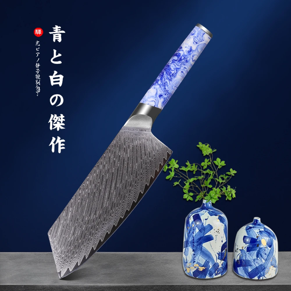 Japanisches Damaskus-Stahlkoch messer, Gemüse-Cleaver, blauer und weißer Porzellans til griff, Luxus-Küchenmesser, Neuheiten