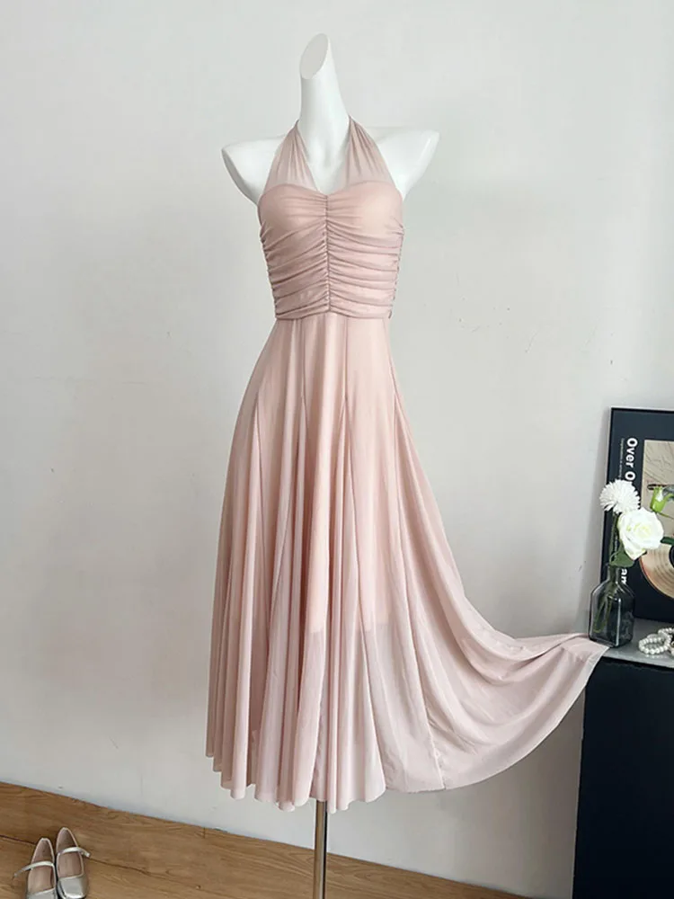 Formal Occasion Pink Halter Dress Thin Fashion Fairy Dress Party Prom Sleeveless 2000s Aesthetic Sweet Prom Gown French Elegance