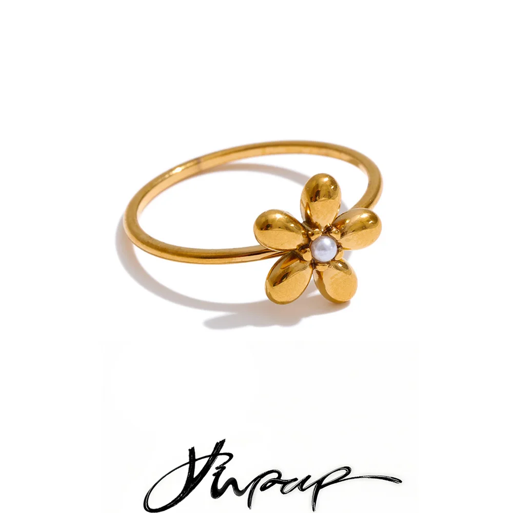 Yhpup Size 6789 Stainless Steel Flower Fashion Simple Ring 18K Gold Color PVD Plated Spring Summer Chic Trendy Finger Jewelry