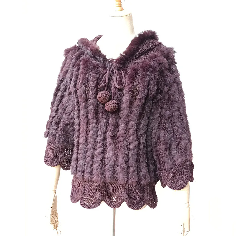 Women Plus Size Knitted Hooded Real Rabbit Fur Poncho With Tassel Female Loose Real Raccoon Fur Cape With Pocket Wrap Shawl