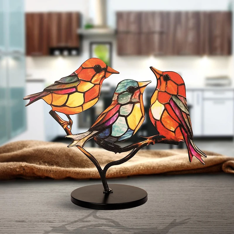 Stained Metal Birds On Branch Multicolor Style Flatness Birds Home Desk Office Living Room Bedside Desktop Decorations Art Craft