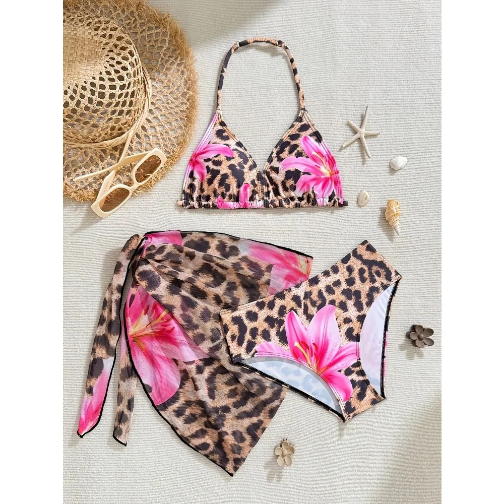 Girls 3pack Leopard Print Flower Bikini Sets Kids Swimsuit& Beach Skirts 14-16 Years Children's Swimwear 2027 Teens Bathing Suit