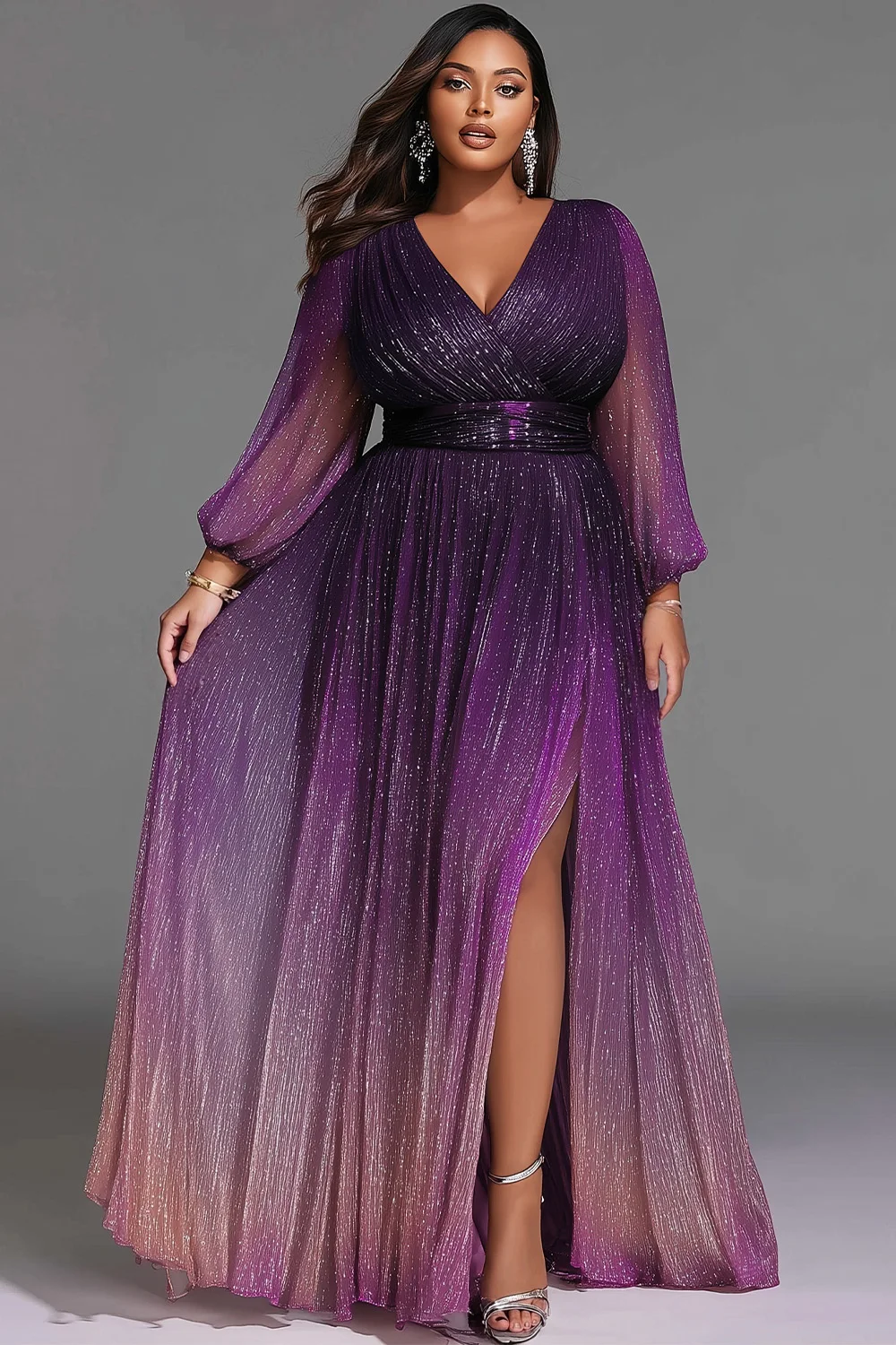 

Flycurvy Плюс Размер Рождественское Виноградное Лазерное Сетчатое Градиентное Блестящее Платье Макси С Разрезом Подолом