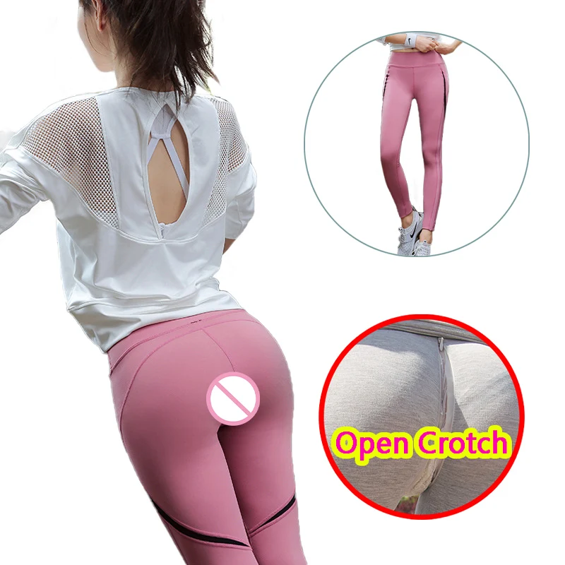 Woman Sexy Yoga Open-Seats Pants Elastic Crotchless Leggings with Hidden Zipper Super Erotic Panties Push Up Easy Take Off Toys