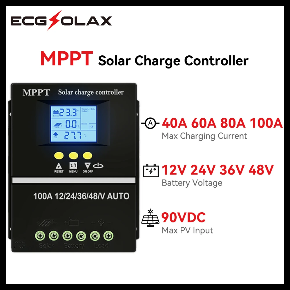 Ecgsolax-mppt Solar Charge Controller Bateria Auto Regulador de Carregamento com Dual Usb 100a 80a 60a 40a 12v 24v 36v 48v