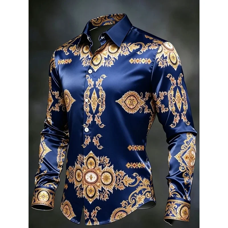 New Golden Phoenix Wave Flame National Style Printed Long Sleeve Shirt with Shiny Satin for Men's Top Clothing