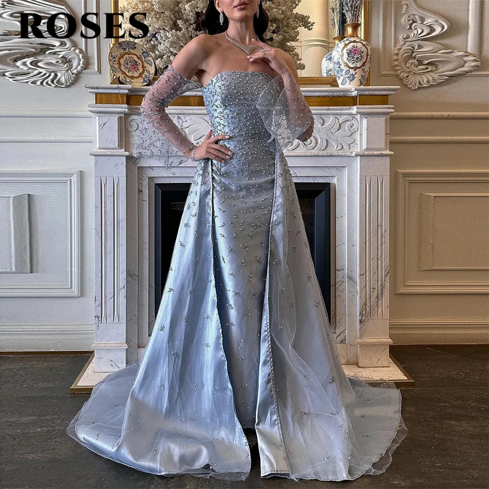 ROSES Blue Elegant Prom Dress Strapless Party Dress Beading Satin Off the Shoulder Mermaid Evening Dress for Woman Customized