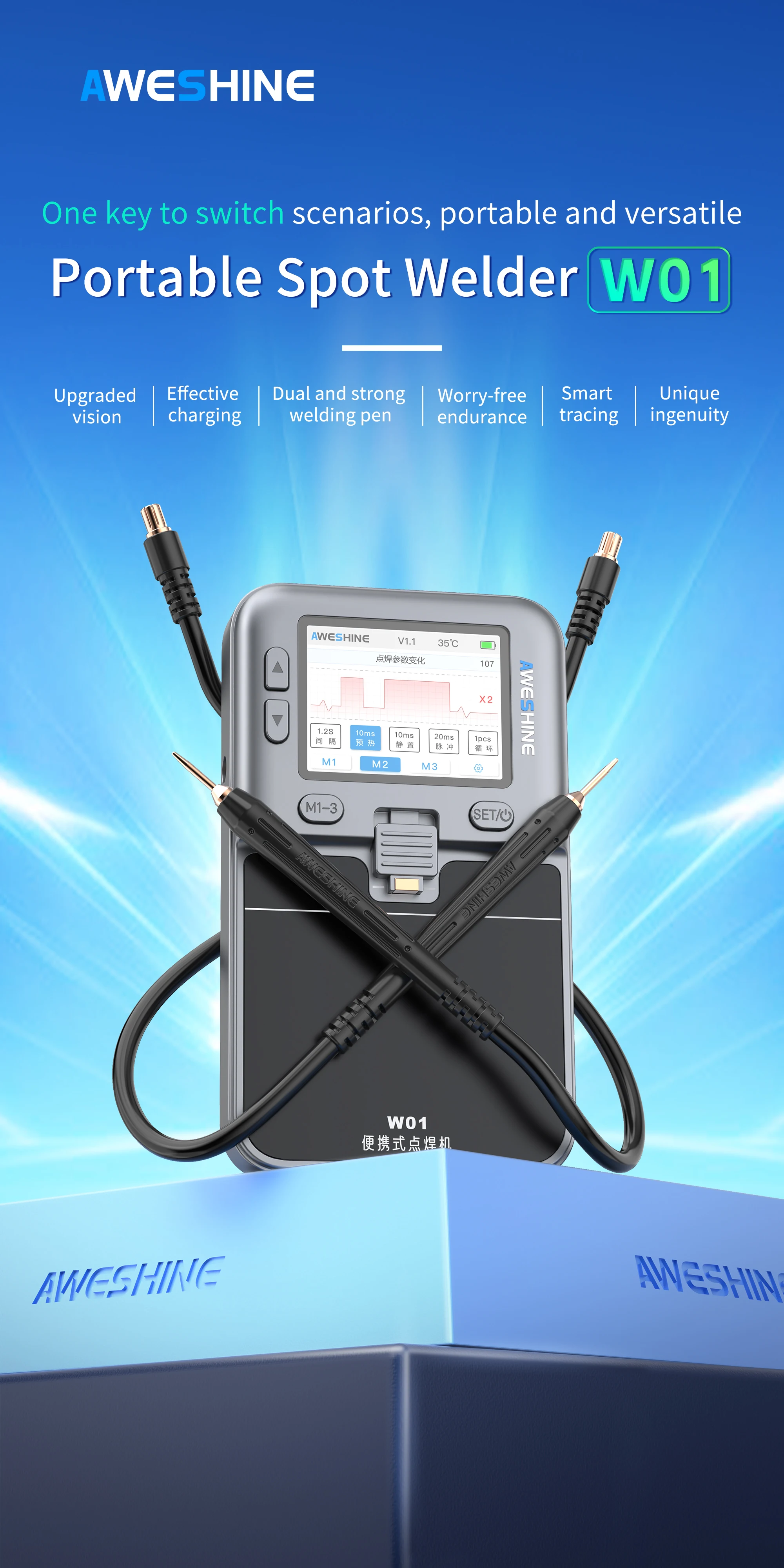 AS W01 Portable Spot Welder with 2.4 IPS display high-temp copper pen Aweshine cloud support 4000mAh battery