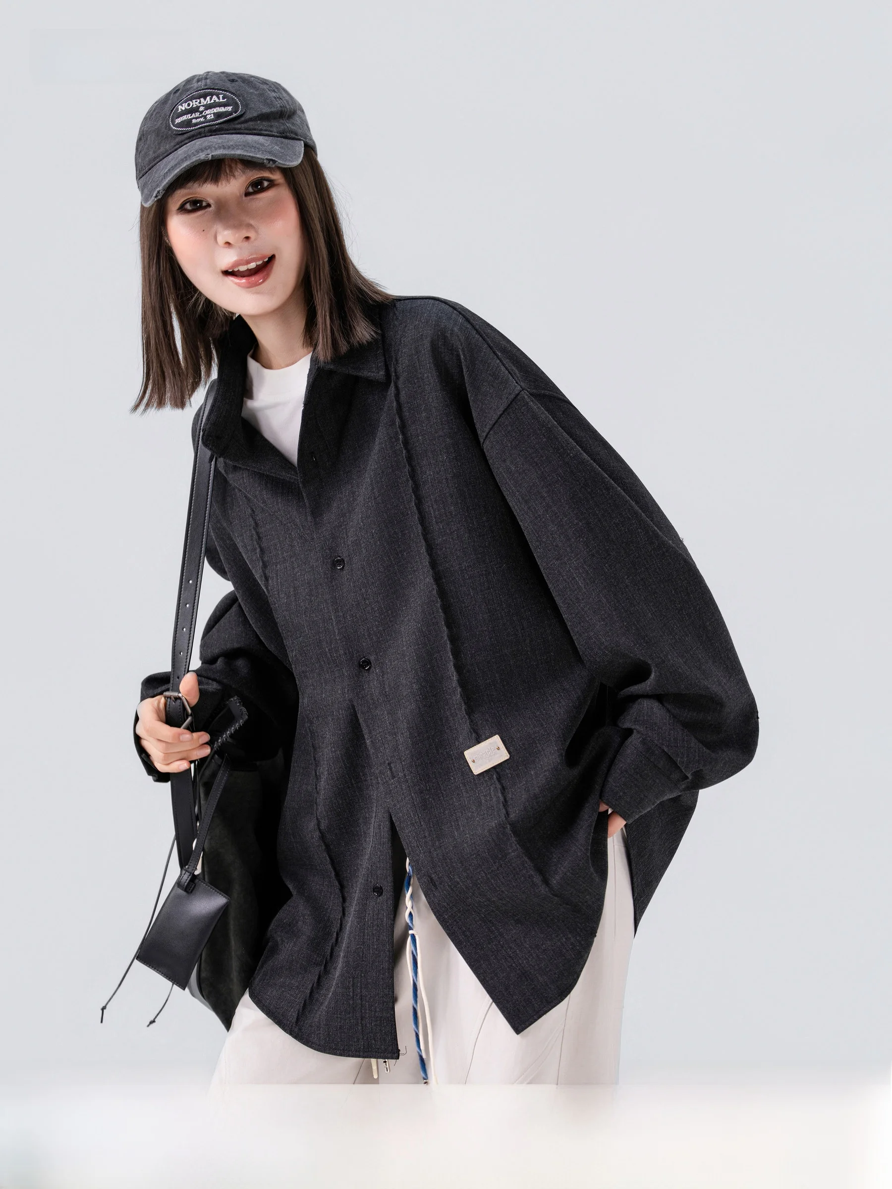 AOGZ Deconstructed Loose Casual Shirt Jacket for Men And Women Autumn Trendy Brand Flip Collar Long Sleeve Polyester Fiber