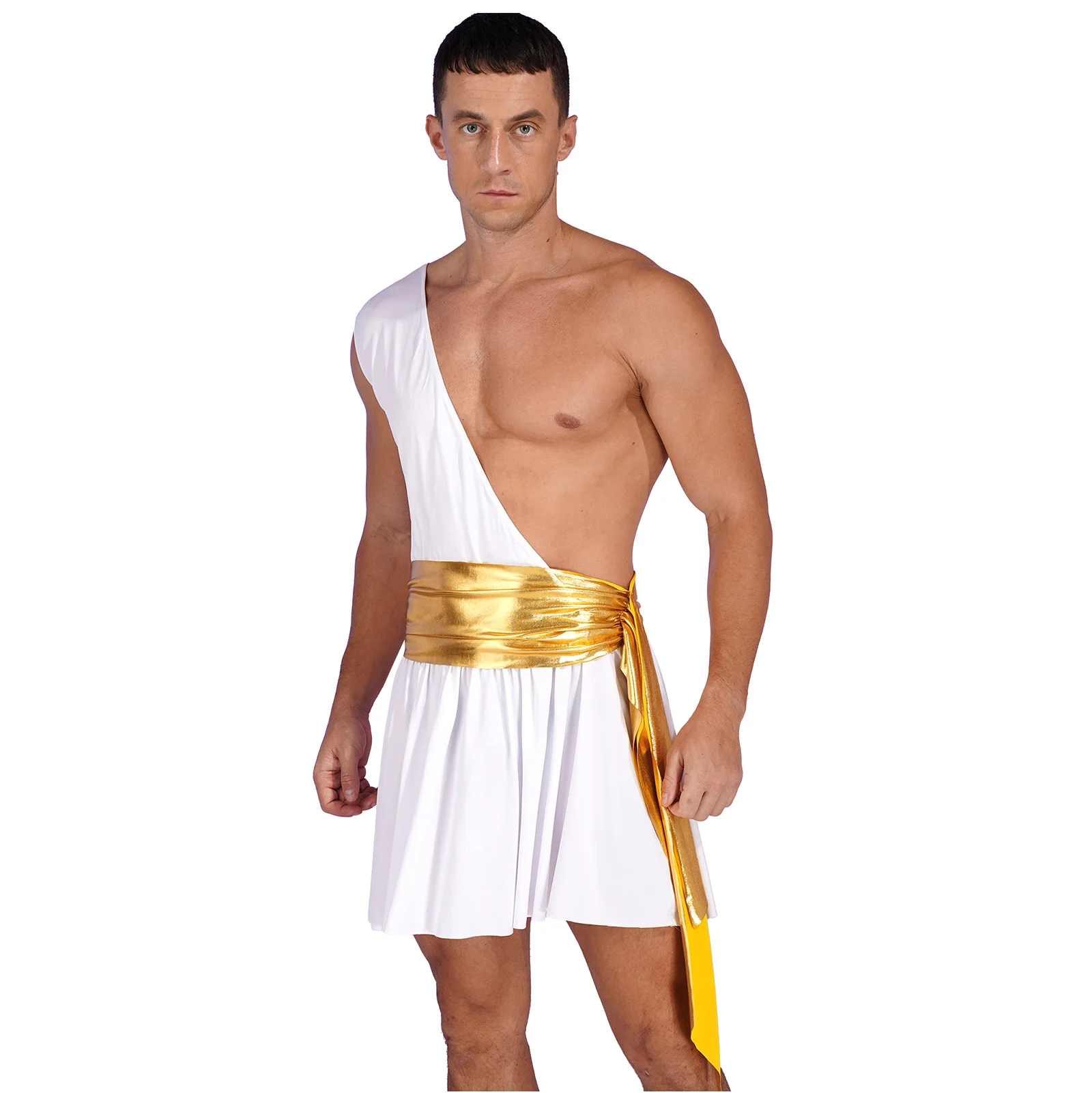 Traje grego antigo de Toga de um ombro masculino, vestido metálico extravagante, cintado ruched, vestido curto, túnica romana, festa de Halloween