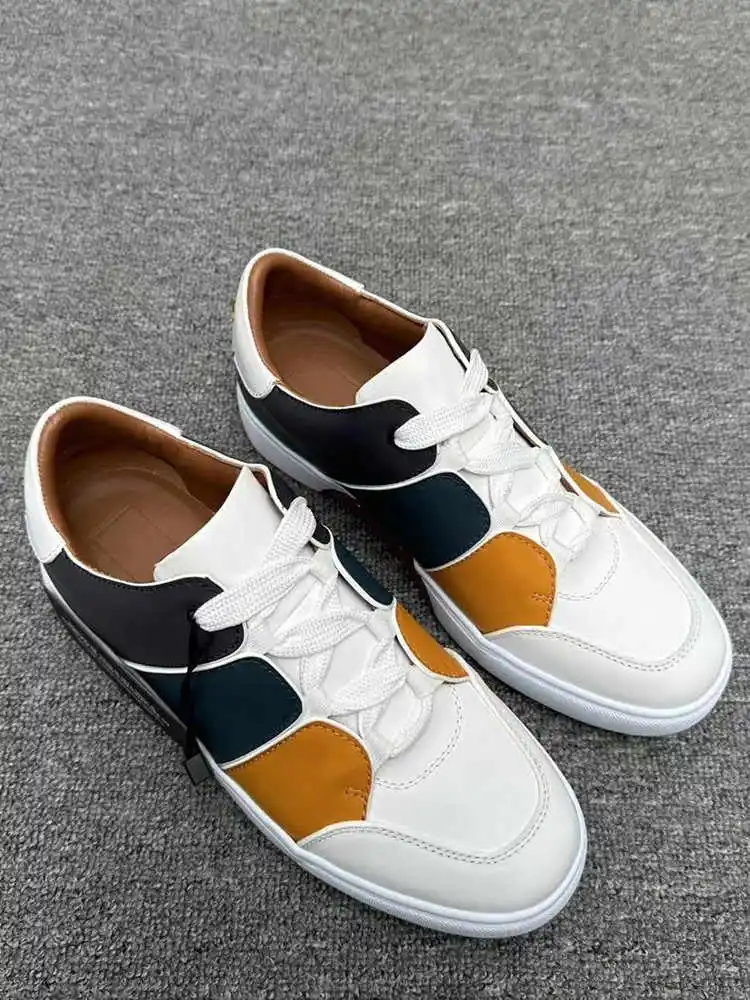 Low Top Cowhide Lace up White Shoes Gradient Color Splicing Casual Versatile Business Shoe Design