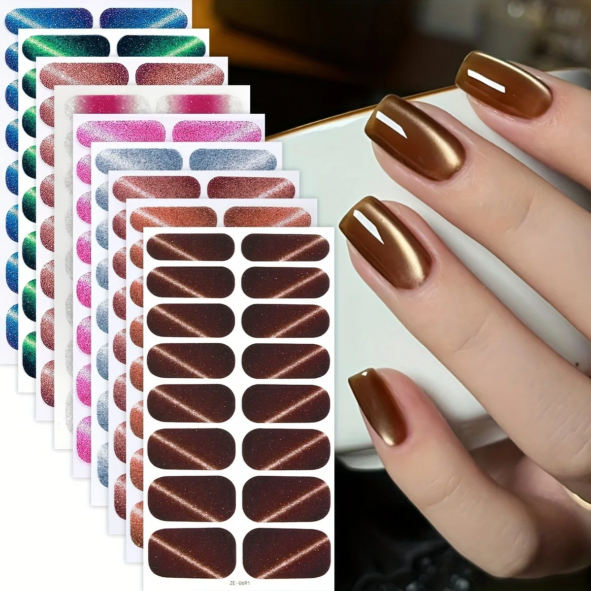 

New Style Self-Adhesive Cat Eye Nail Stickers – 16pcs Glitter Diagonal False Nail Decals, Peel & Stick Waterproof Nail Art