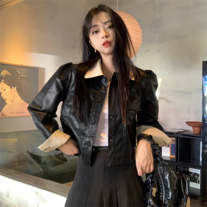 韓国スタイルショートスリムフィットカラーブロックレザージャケットセクシーなフレグランススタイルの女性のファッションアウター長袖トップ