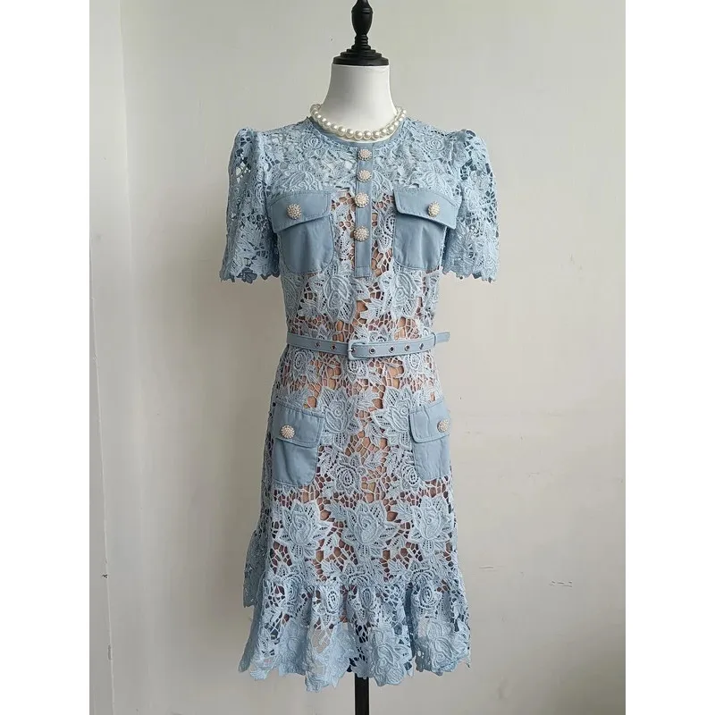 女性のための刺繍レースドレス,花柄,ボタンベルト,パーティー用の青いフリル,夏