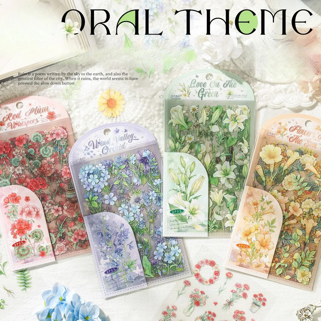6sheets Floral Botanical Sticker Set Flower Foliage Pattern Decals for Handmade Scrapbook Planner Card Decor Stickers