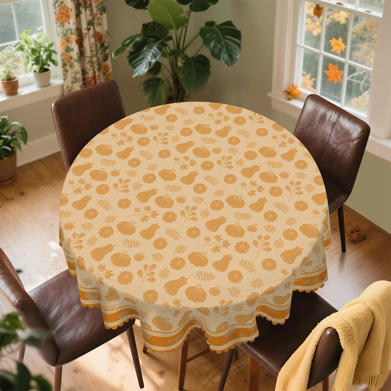 Striped pumpkin foliage tablecloth in 1 pack, suitable for Thanksgiving party decoration in autumn.