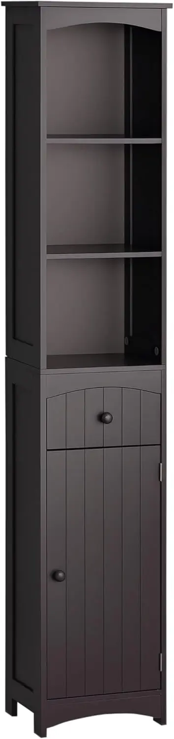 

Tall Bathroom Storage Cabinet, 3-Tier Shelves & Drawer, Freestanding Linen Tower, Brown