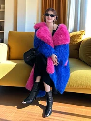 Blue and Rose Red Faux Fur Coat Loose Lapel Shaggy Outerwear Female Women's Winter Streetwear Long Jacket Performance Costume