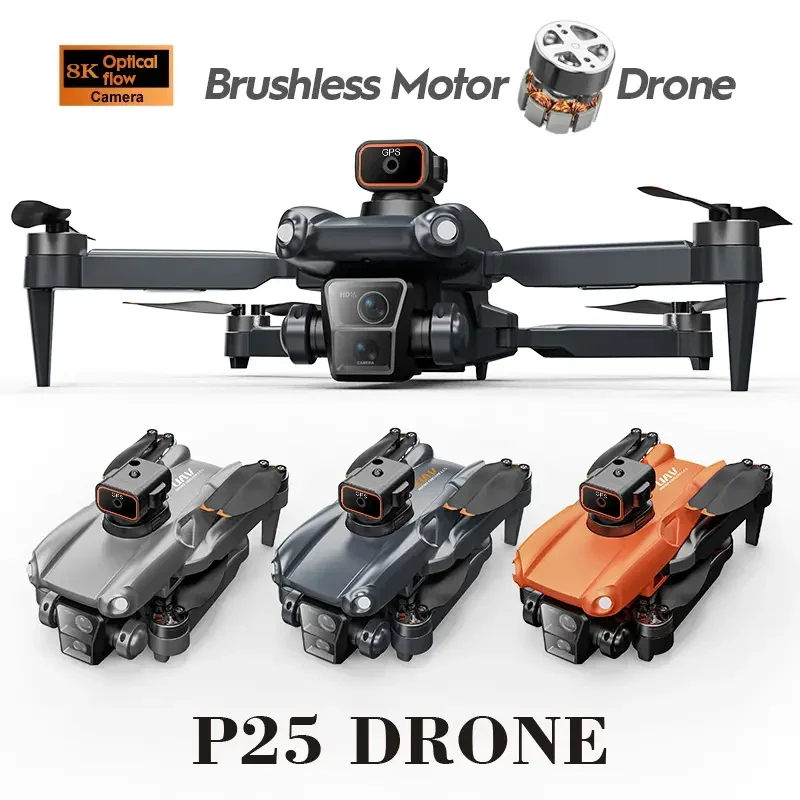 P25 FPV Drone 8K HD ESC Three Camera 360° Laser Obstacle Avoidance Foldable  Brushless Power GPS Return RC Quadcopter Drons Toys